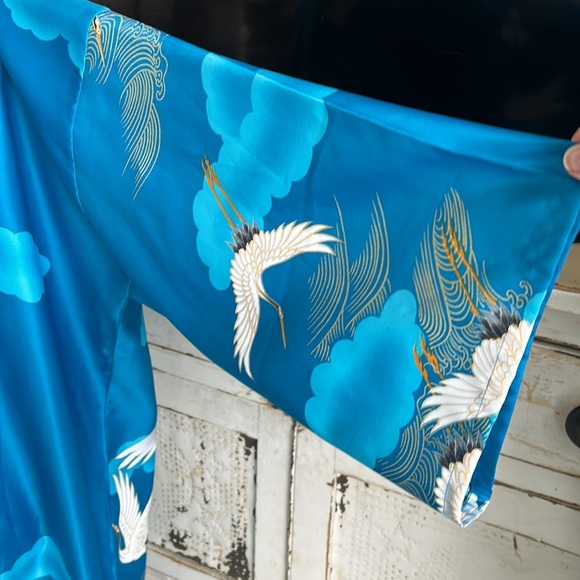 Vintage Marukyo Tokyo turquoise blue w cranes kimono robe - Picture 6 of 16